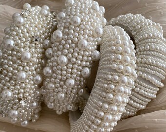 White Pearl Velvet Padded Headband, Large Matador Thick  display picture 1