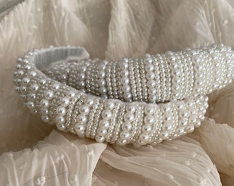 White velvet pearl padded matador headband - alice band- pearl padded tiara- flock deep headband - Thick padded headband- spanish headband
