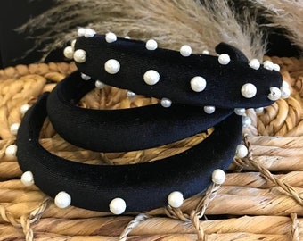 Black velvet Pearl Matador headband / padded matador headband with pearls / alice band / Thick padded headband tiara  / 2.5cm wide band