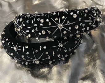 Rhinestone embellished black velvet padded matador headband - alice band - padded tiara - flock deeply padded - Thick padded - crsytal band