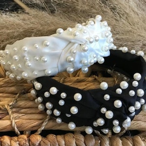 White ivory pearl knot headband/ satin knotted pearl headband crown/ ivory turban tie turban headband/ black knot headband/ silk alice band