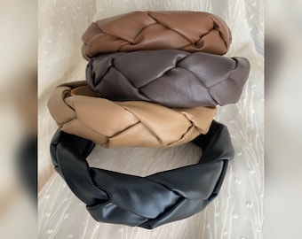 Black vegan leather braided headband/ brown flock deep braided headband/ brooklyn braided/ wide braided headband/ boho braid padded headband
