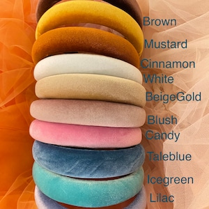 May include: A stack of velvet headbands in various colors, including brown, mustard, cinnamon, white, beige gold, blush, candy, taleblue, icegreen, and lilac. The names of the colors are listed in a column on the right side of the image.