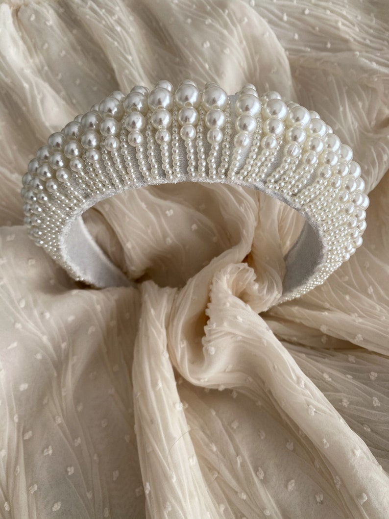 White velvet pearl padded matador headband alice band pearl padded tiara flock deep headband Thick padded headband spanish headband image 8