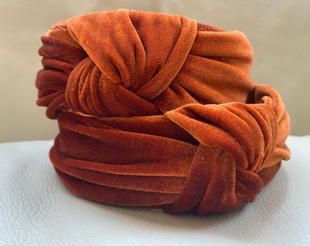Cinnamon silk velvet knotted turban tie headband/ brown velvet knot headband/ black velvet knotted hair band/ white velvet knotted hairband