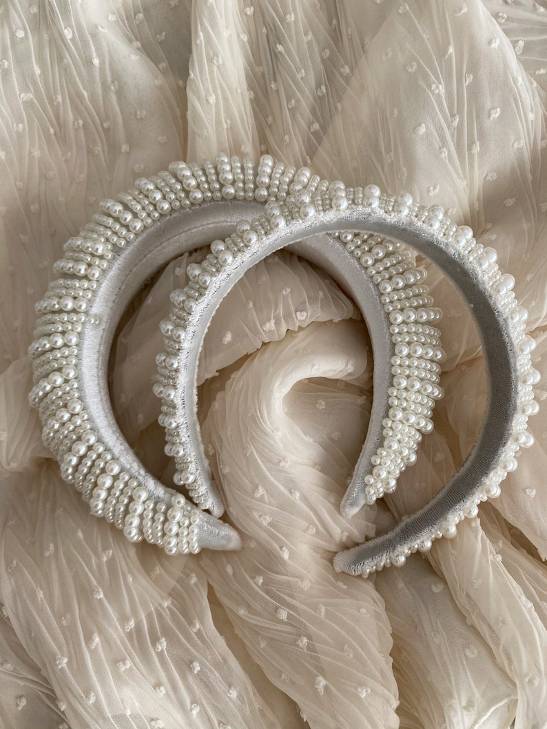 White velvet pearl padded matador headband alice band pearl padded tiara flock deep headband Thick padded headband spanish headband image 10