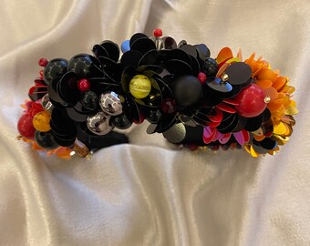 Beaded velvet pearl padded matador headband - alice band- pearl padded tiara- flock deep headband - Thick padded headband- spanish headband