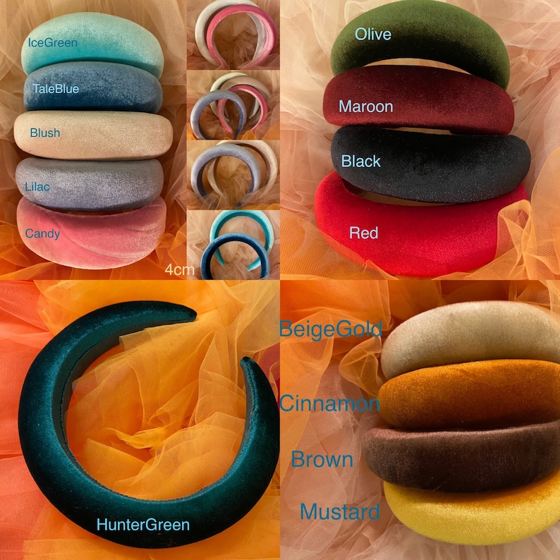 May include: A collection of velvet headbands in various colors, including Ice Green, Tale Blue, Blush, Lilac, and Candy. The headbands are approximately 1.5 inches wide. Additional colors include Olive, Maroon, Black, Red, Beige Gold, Cinnamon, Brown, and Mustard.