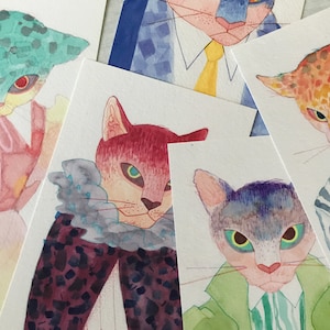 Juego de postales de gato de 5 / Original - Impresión - Ilustración - Obra de arte - Gato - Colorido -Postal - Gatos - Retrato - Set