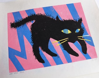 Stampa Linoleografia Gatto Nero / Originale - Stampa - Illustrazione - Opera d'Arte - Gatti - Colorati - Retro - Gattino - Strega / Piccolo