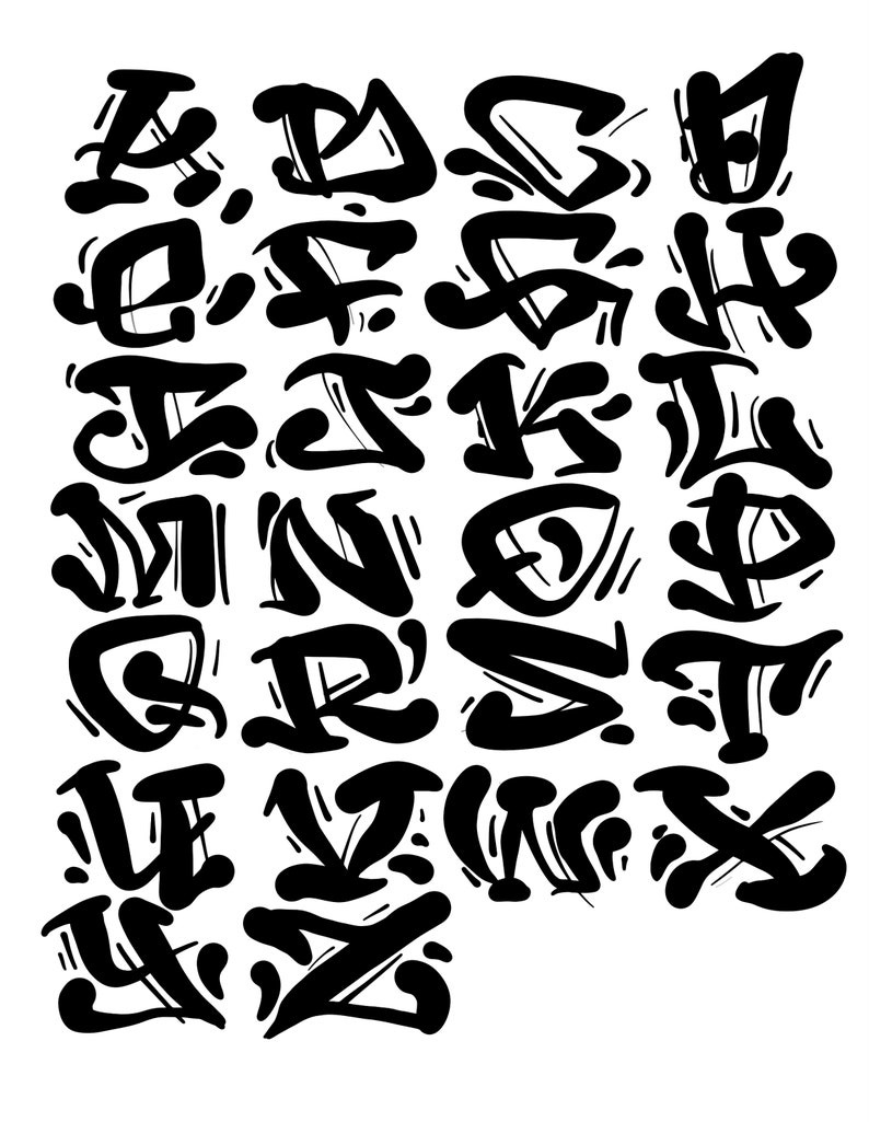 Pode incluir: Um alfabeto preto e branco com cada letra em um estilo de graffiti &uacute;nico.