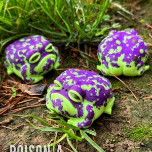 May include: Three green and purple frog figurines with a speckled pattern. The frogs are sitting on a bed of pine needles and green grass.