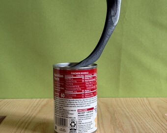 May include: A black, curved, textured object resembling a wishbone is inserted into a red and white metal soup can labeled Chicken Noodle. The can features a nutrition facts label with text including Total Fat 2g, Sodium 890mg, and Calories 60.