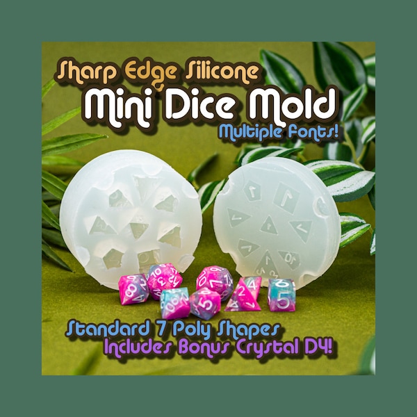 MINI DICE Sharp Edge Dice Mold -7 Dice DnD Set + Bonus Crystal d4 - Druid Dice