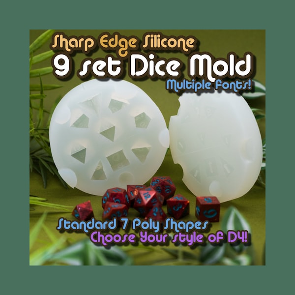 9 Piece Sharp Edge Dice Mold - 7 Dice Set + Bonus Advantage D20 & Hanger Crystal D4 - Druid Dice