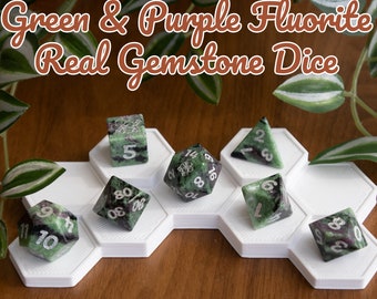 Green and Purple Fluorite - Real Gemstone Dice - D&D full set for tabletop gaming