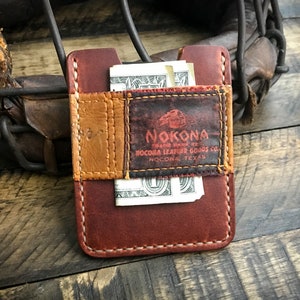 Funda de tarjeta de cuero de guante de béisbol reutilizada Nokona, cartera de cuero minimalista, hecha a mano