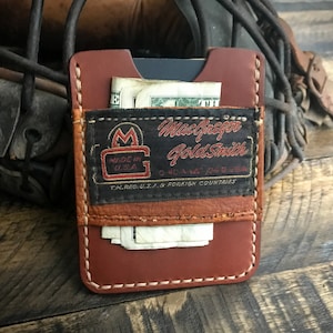 Funda de tarjeta de cuero de guante de béisbol reutilizada, cartera de cuero minimalista, hecha a mano
