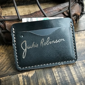 Cartera de cuero con guante de béisbol Jackie Robinson reutilizada, cartera de cuero minimalista