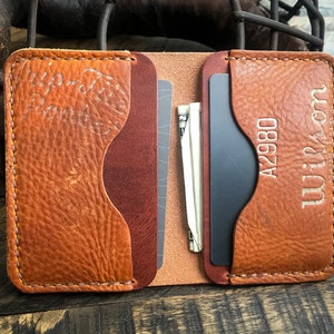 Cartera plegable de cuero de guante de béisbol reutilizada, cartera minimalista, hecha a mano, cuero Horween
