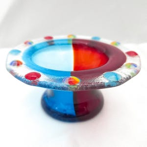 Handmade Fused Glass Tealight Holder: Blue & Red Millefiori Accents