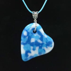 Fused Glass Heart Pendant: Blue Camo Necklace, Adjustable Cord