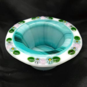 Handmade Fused Glass Tealight Holder: Turquoise Aventurine Swirls & Millefiori Flowers