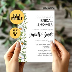 Plantilla de invitación para despedida de soltera imprimible con flores blancas de margaritas | Plantilla de invitación floral editable | Invitación para despedida de soltera en el jardín