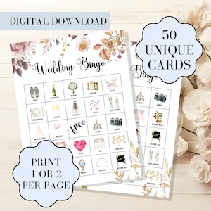 50 juegos de bingo imprimibles para bodas: tarjetas de bingo únicas para invitados, divertida actividad para la recepción, descarga instantánea en PDF, 2 tamaños