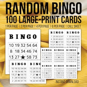 100 tarjetas de bingo aleatorias únicas en formato PDF – Juego de bingo imprimible | 1, 2, 4, 6 por página | Letra grande | Descarga instantánea