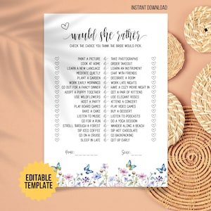 Would She Rather Bridal Shower Printable Game Butterfly Flowers | Editable Template | Fun Wedding Shower Activity | Instant Download
