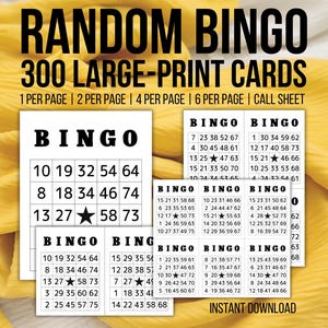 300 Unique Bingo Cards Printable PDF – Randomized Large Print Bingo Game | 1, 2, 4, 6 Per Page | Digital Download Set