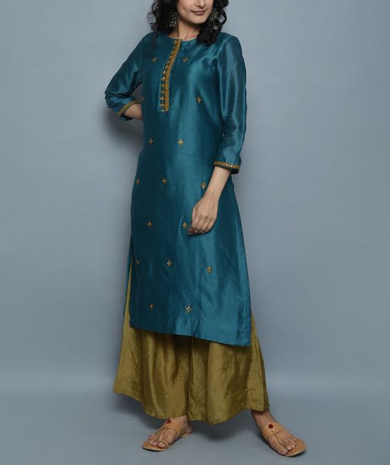Pakistani Electric Blue Hand Embroidered Kurta with Mehendi Green PLazzo Pants Ethnic Indian Wear Fully Customizable New Year Dress