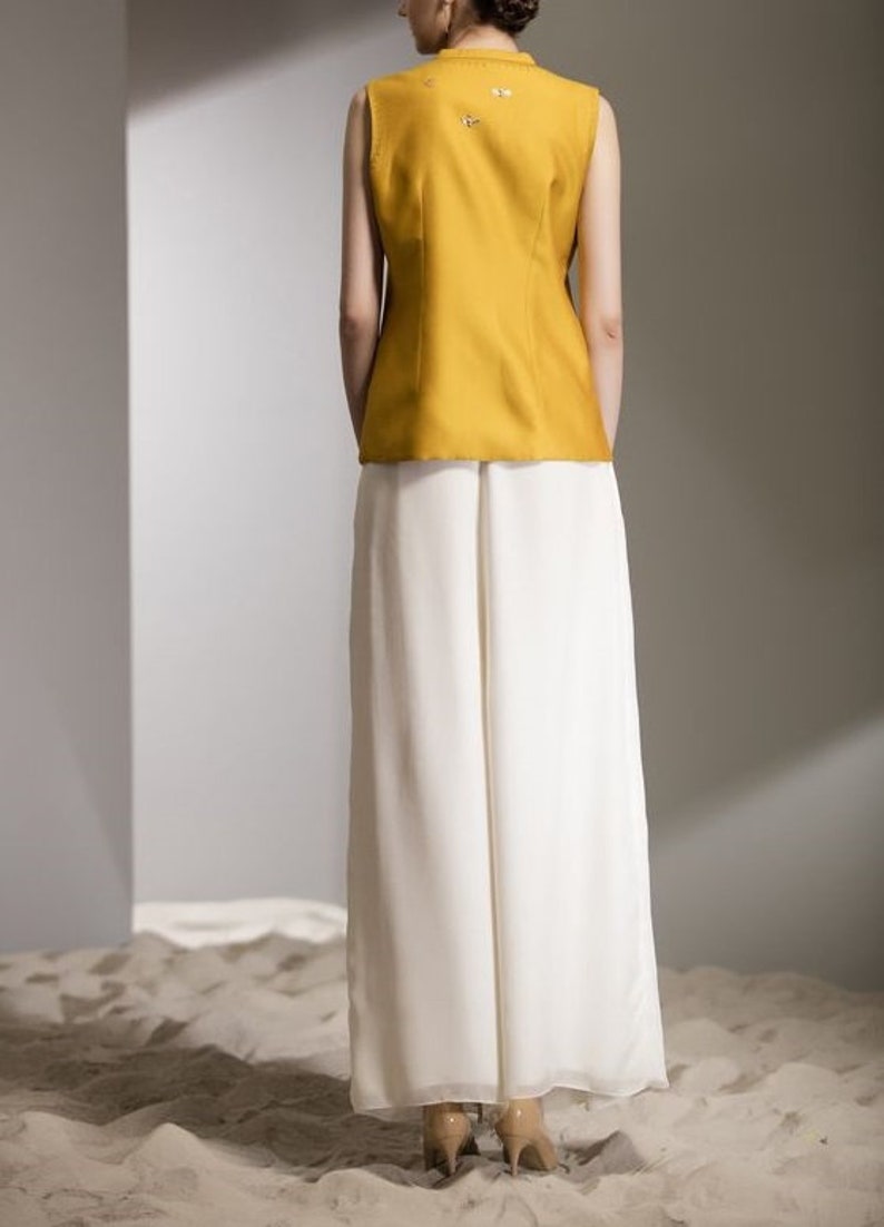 Stylish Hand Embroidered Chanderi Silk Mustard Top with White plazzo Pants Indo-Western Dress Traditional Indian Dress New Party wear