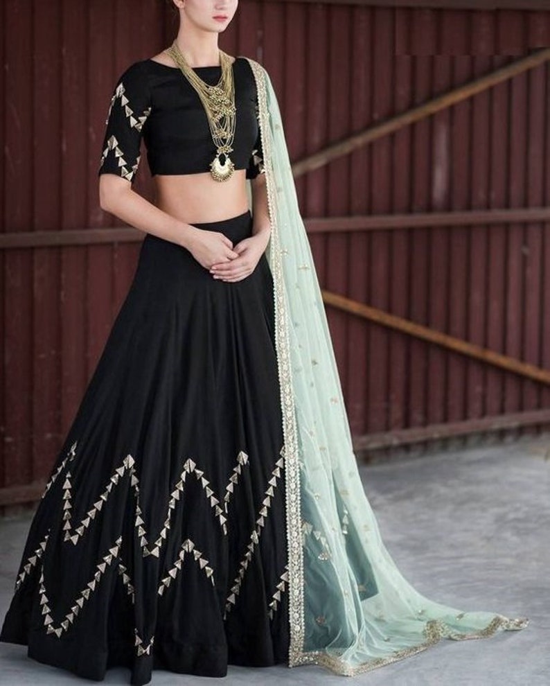 Exclusive Designer Black Lehenga Blouse with Mint Color Dupatta Handcrafted Dress Wedding Wear Indian Dress Latest Classic Collection