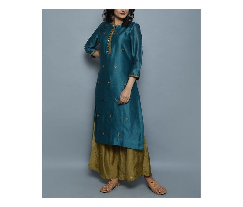 Pakistani Electric Blue Hand Embroidered Kurta with Mehendi Green PLazzo Pants Ethnic Indian Wear Fully Customizable New Year Dress
