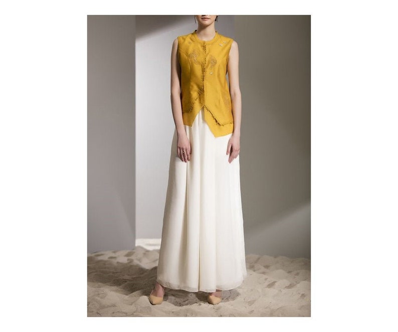 Stylish Hand Embroidered Chanderi Silk Mustard Top with White plazzo Pants Indo-Western Dress Traditional Indian Dress New Party wear
