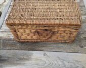 Vintage Wicker Chest - Wicker steamer trunk - Antique Chest - Rectangular Wicker Suitcase - Wedding chest- Train Case