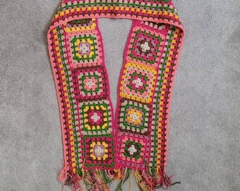 Crochet Granny Square Afghan Scarf, Long Scarf, Colorful Scarf