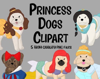 Princess Dogs Clipart set of 5 PNG Files Commercial use /  Animal clipart / Dog / Cute / Birthday Party / Decor / Girls birthday