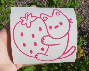 Cat holding strawberry decal, car mirror decal, window, available in multiple colors, car decal, laptop decal, animal decal, funny decal