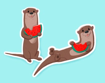 Otters holding watermelon sticker set / water bottle stickers / cute stickers / animal stickers / laptop stickers / gift ideas / fruit