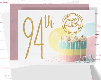 94th Birthday Card for her, Beautiful Birthday Cake Card with Gold Lettering, Grandma, Grandpa, Uncle, Aunt, Mom Dad, 94 Year Old Birthday