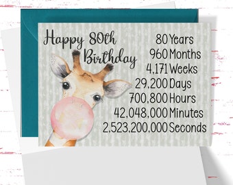 80th Birthday Card for her, Time Count Birthday Card 80th Birthday, Grandma, Grandpa, Uncle, Aunt, Cute Giraffe Birthday Card 80 Year Old