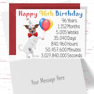 Cute 96th Birthday Card, Time Count Birthday Card for 96th Birthday Grandma, Grandpa, Uncle, Aunt Mom, Dad Cute Dog Birthday Wishes 96 Years
