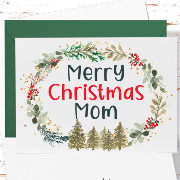 Mom Christmas Card, Merry Christmas Mom Greeting Card, Christmas Wreath Christmas Card for Mom, Christmas Card from Son Daughter