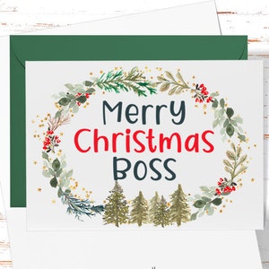 Boss Christmas Card, Merry Christmas Boss Greeting Card, Christmas Wreath Christmas Card for Boss, Christmas Card from Employees