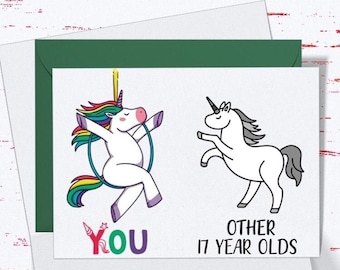 17th Birthday Card for her, Unicorn Birthday Card for 17th Birthday, Cute Card for Daughter, Granddaughter, Friend, Niece