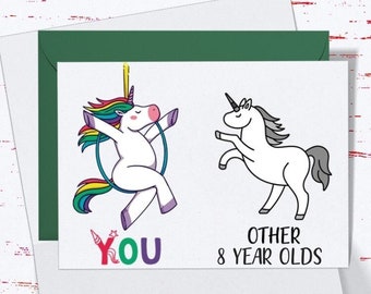8th Birthday Card for her, Unicorn Birthday Card for 8th Birthday, Cute Card for Daughter, Niece, Friend