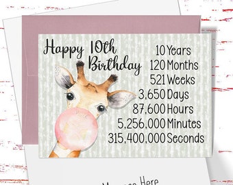 10th Birthday Card, Cute 10th Birthday Card, Funny 10th Birthday Card, Giraffe Birthday Card, Cute Card for Kids, Years Months Weeks